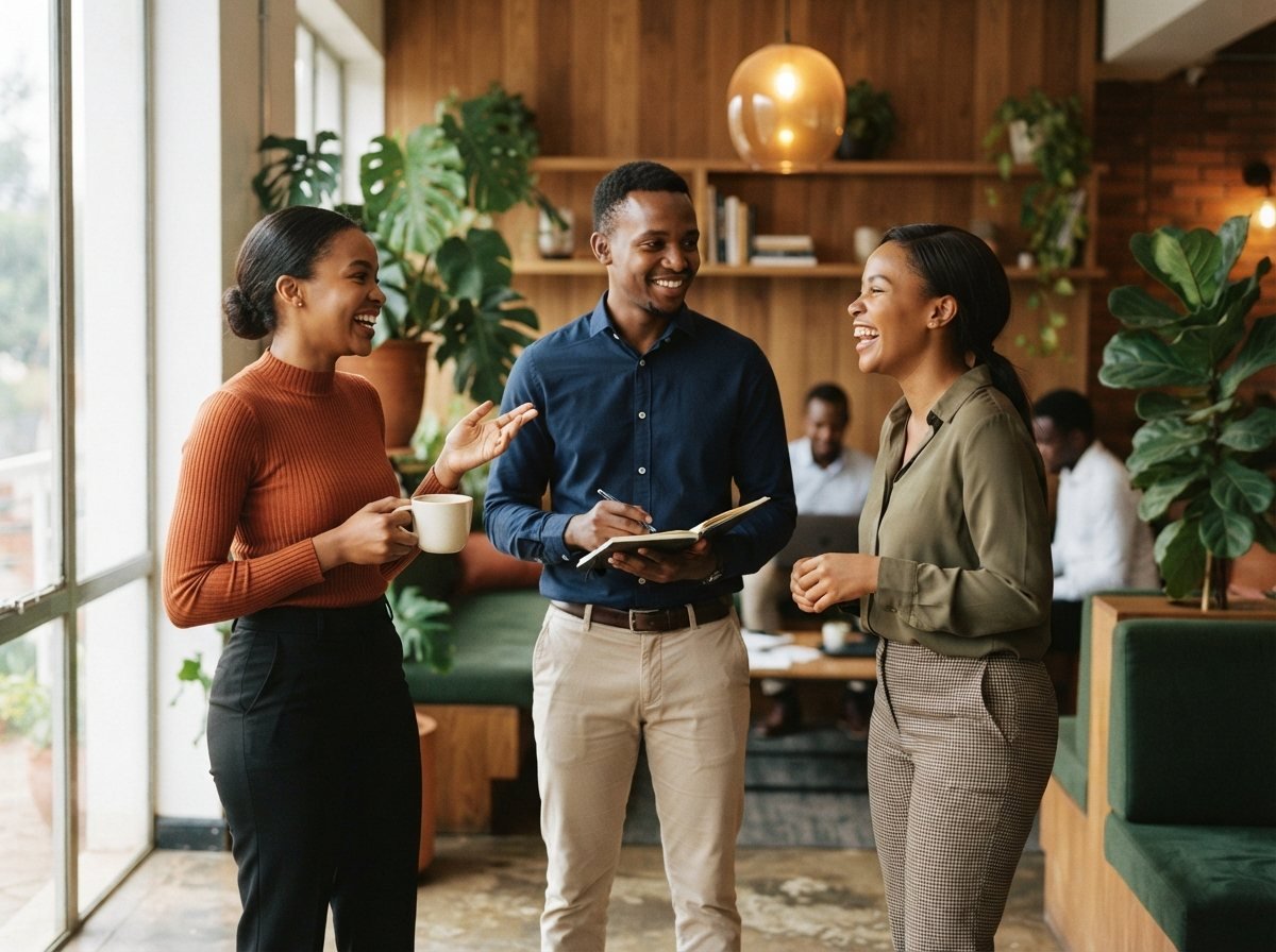 Young professionals talking in a co-working lounge